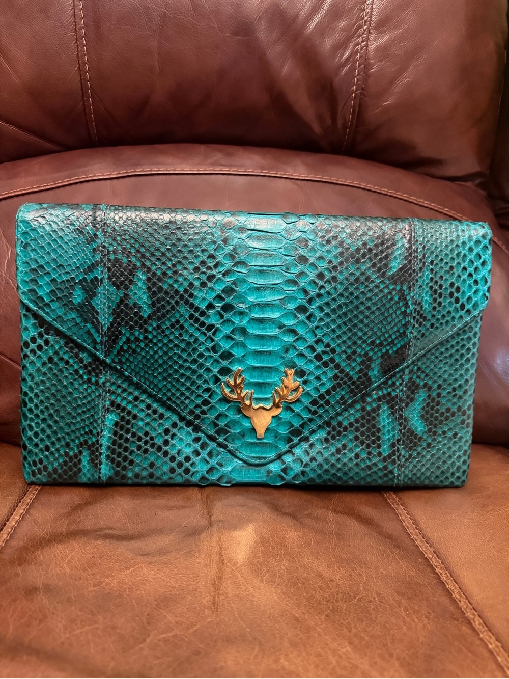 Teal REAL Python Snake Envelope Clutch with Gold Stag Accent by TAXIDERMY